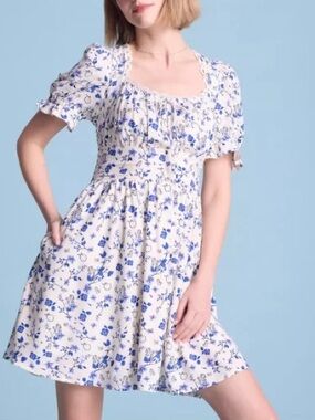 Disney Snow White Cream Mini Dress with Blue Floral Print and Square Neck